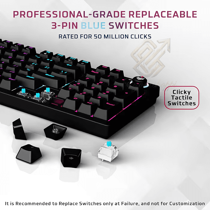 EvoFox Katana X2 FS Mechanical Gaming Keyboard | 3‑Pin Replaceable Clicky Blue Switches, Dynamic Backlighting, All Keys Anti‑Ghosting, Volume Knob, Copilot, Xbox Gamebar, Screenshot & More (Black) – alternate view